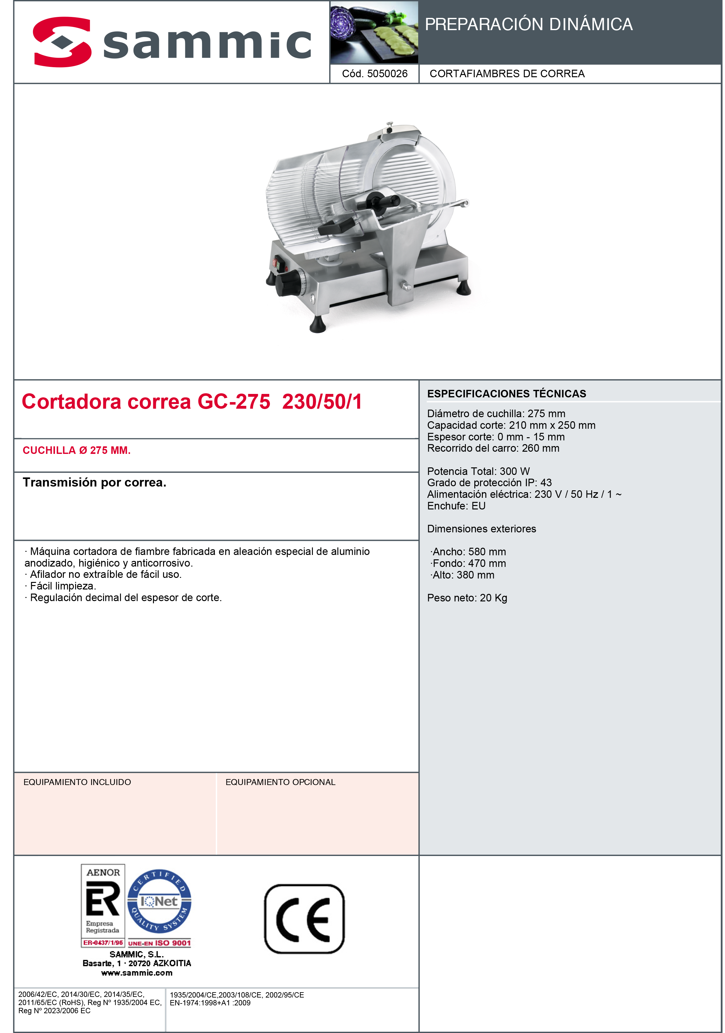 Imagen de Cortadora de fiambre transmisión por correa Sammic GC-275