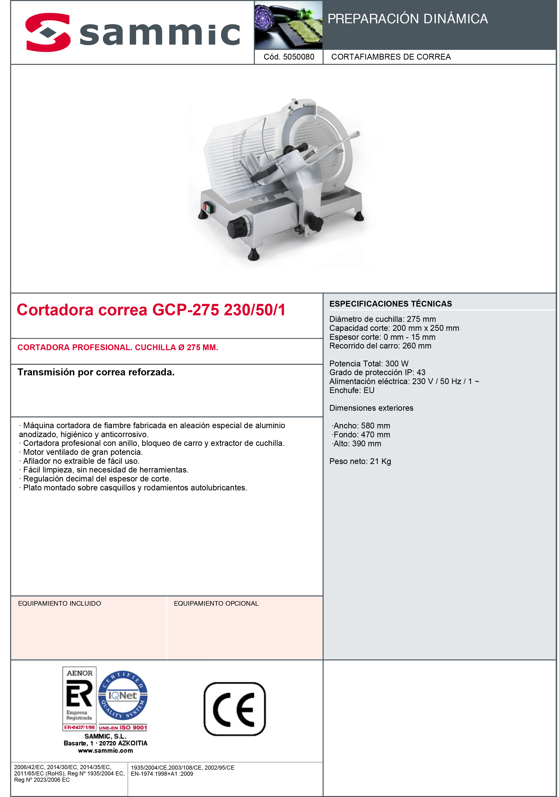 Imagen de Cortadora de fiambre transmisión por correa reforzada Sammic GCP-275
