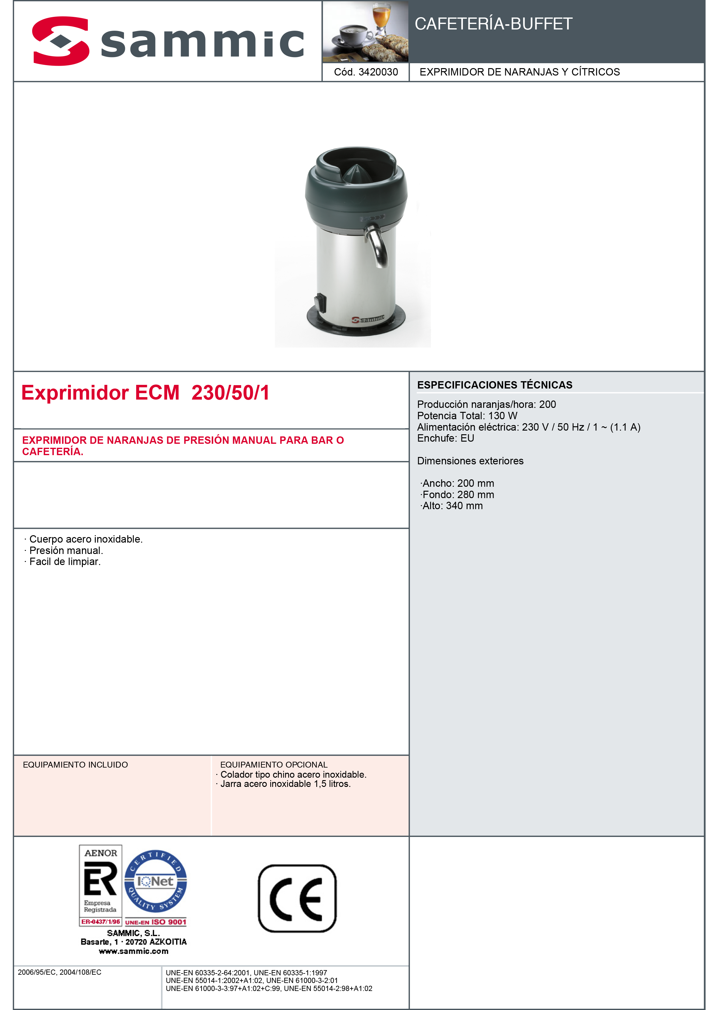 Imagen de Exprimidor profesional de presión manual Sammic ECM