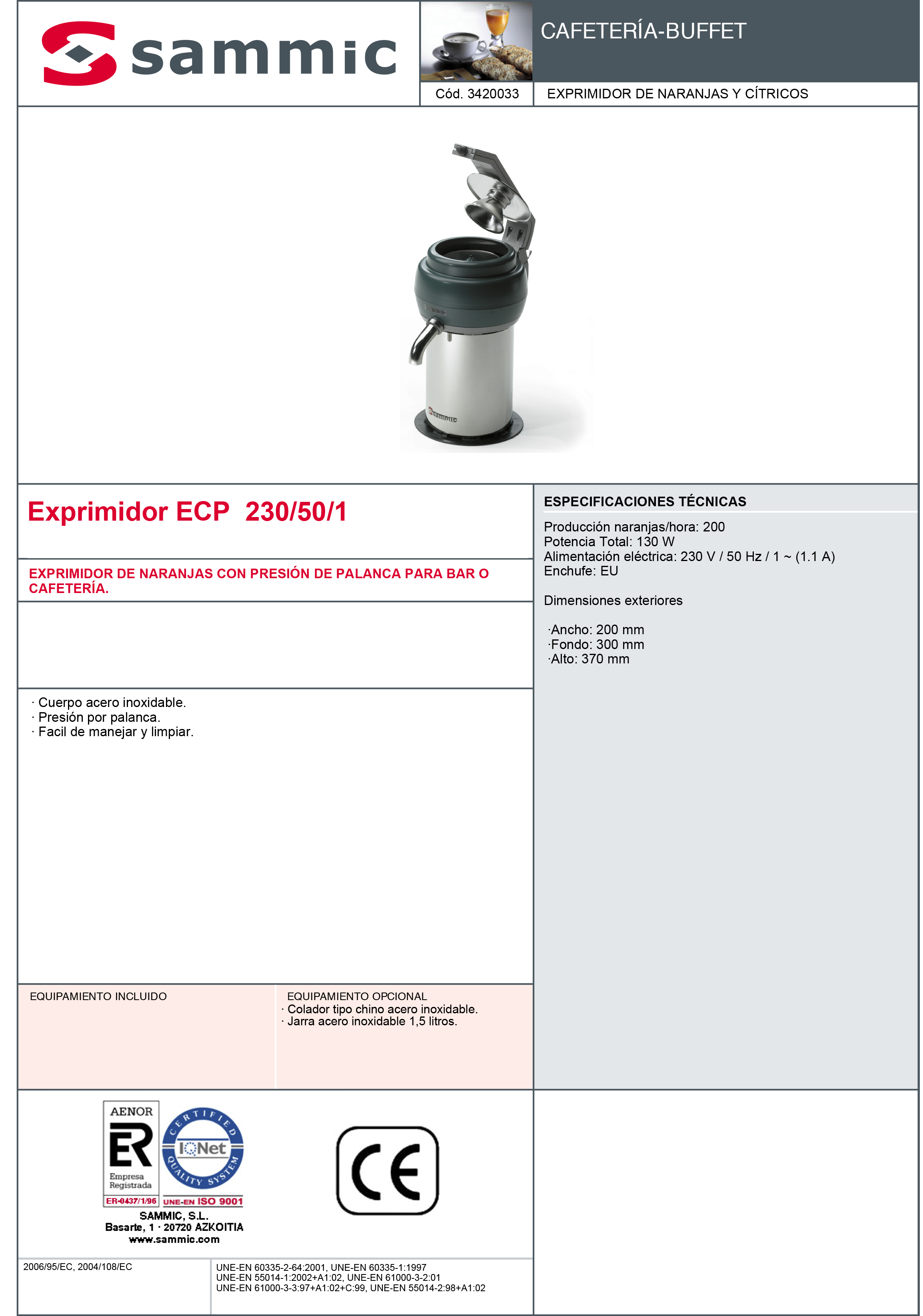 Imagen de Exprimidor de naranjas con palanca Sammic ECP