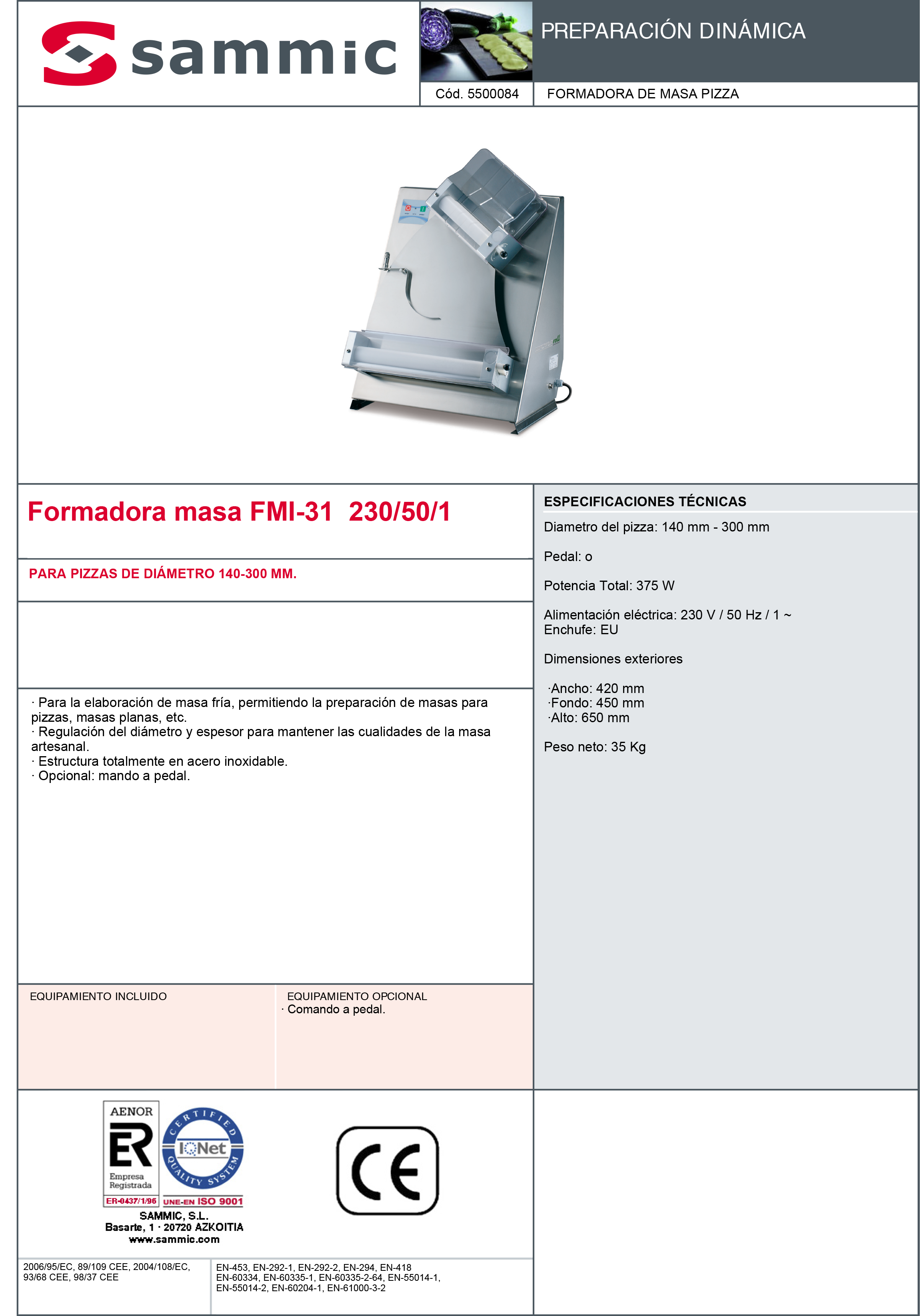 Imagen de Máquina formadora base de pizza Sammic FMI-31