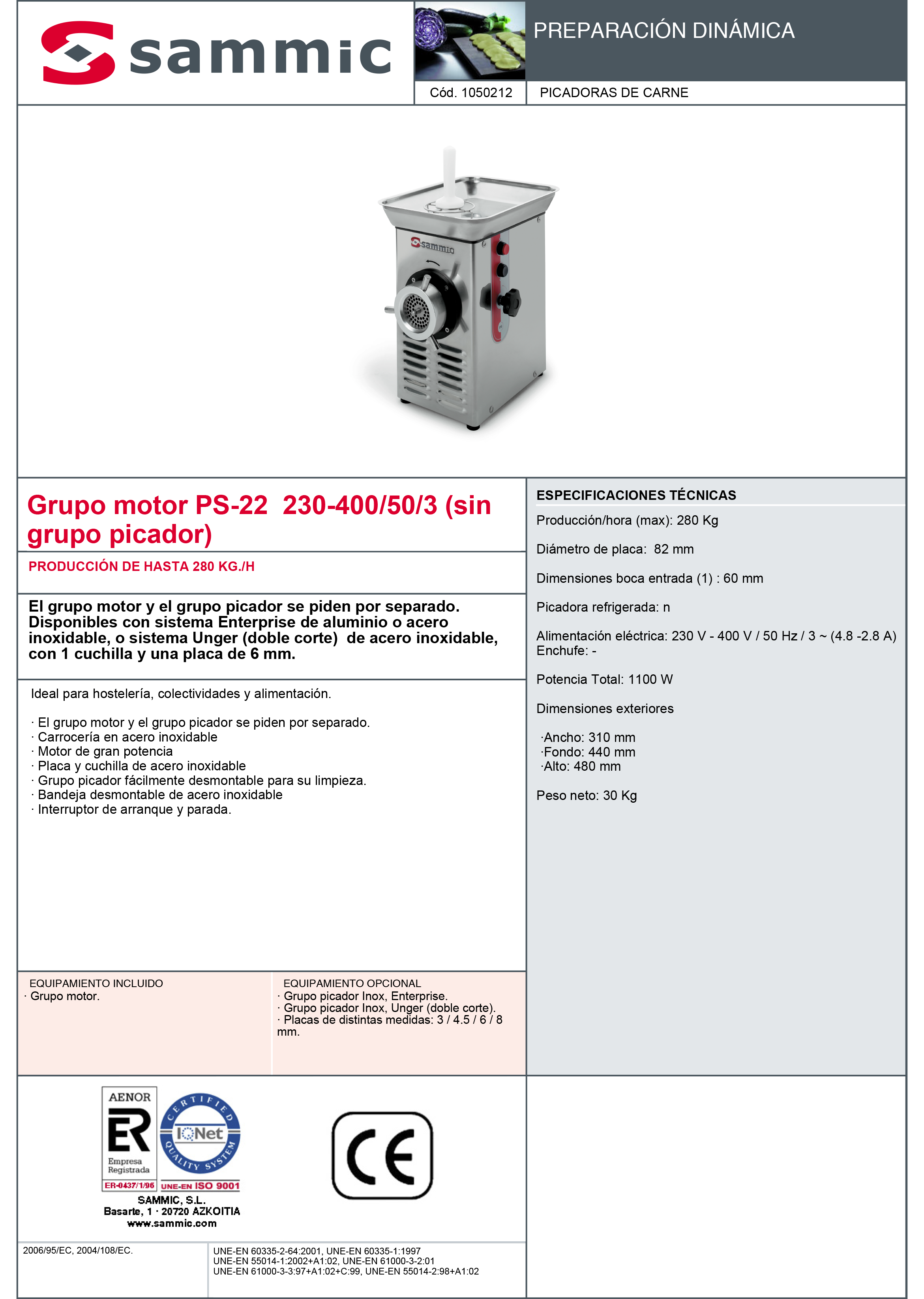 Imagen de Picadora de carne Sammic PS-22 doble corte trifásica