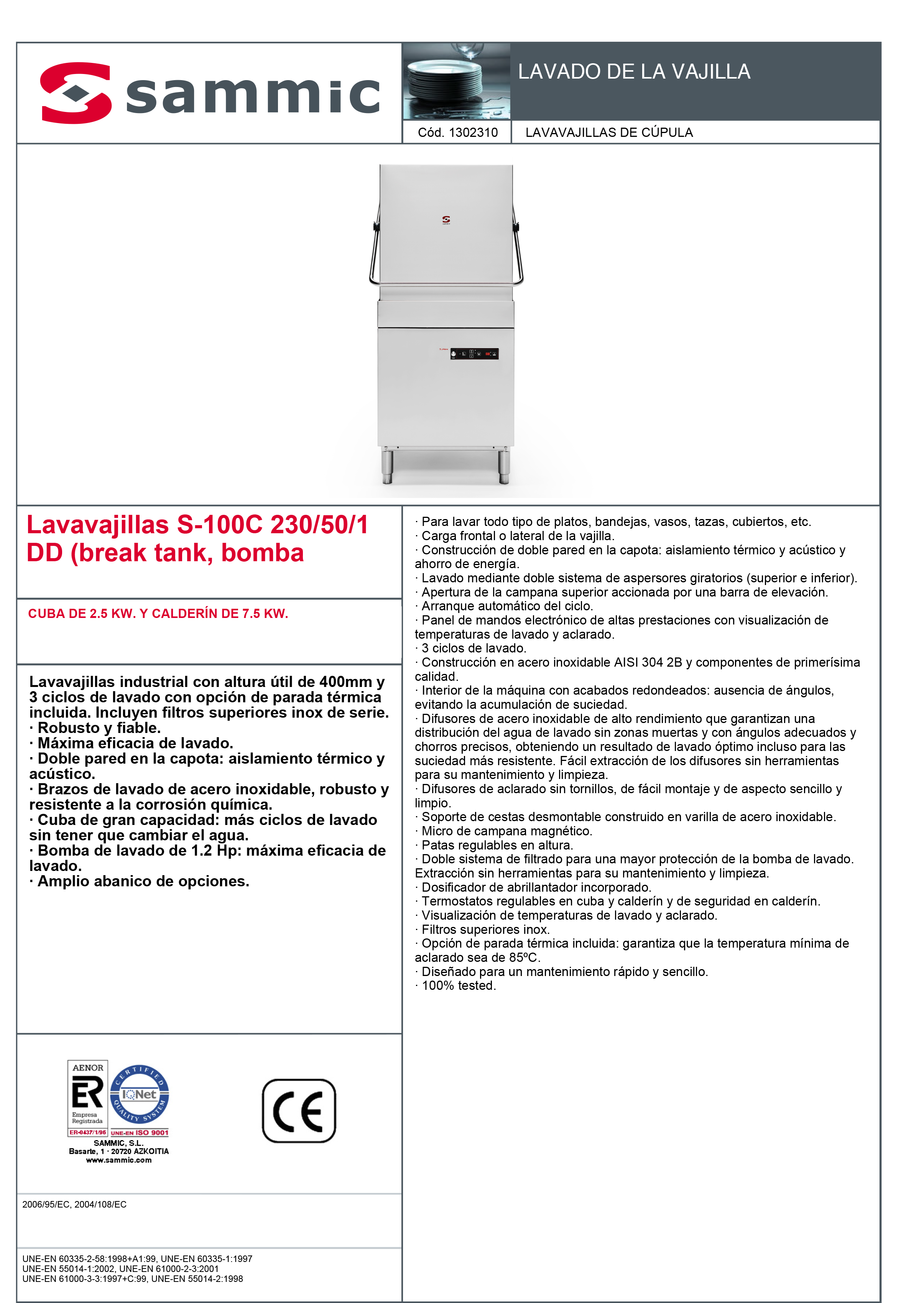 Imagen de Lavavajillas de Cúpula Sammic S-100CDD